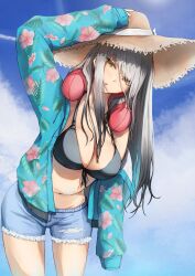 Rule 34 | 1girl, absurdres, bikini, black bikini, black hair, bow, breasts, denim, denim shorts, floral print, frima (nikke), frima (sea of sloth) (nikke), goddess of victory: nikke, gradient hair, grey hair, hat, hat bow, high heels, highres, jacket, large breasts, long hair, looking at viewer, multicolored hair, navel, official alternate costume, ohal, open clothes, open jacket, rolling suitcase, sandals, shirt, short shorts, shorts, single bare shoulder, sleeves past fingers, sleeves past wrists, straw hat, suitcase, swimsuit, thighs