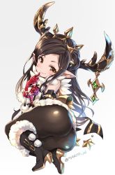 Rule 34 | 1girl, arulumaya, ass, black hair, blush, boots, brooch, brown eyes, christmas, commentary request, fake horns, finger to mouth, flower, fur collar, fur trim, gloves, granblue fantasy, harvin, high heel boots, high heels, horned headwear, horns, jewelry, long hair, lying, mizuki makoto, mole, mole under eye, on side, pantyhose, pointy ears, red gloves, rose, smile, solo, thick thighs, thighs, tiara