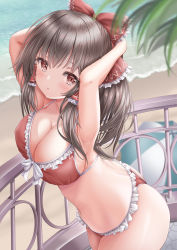 Rule 34 | 1girl, :o, akino irori, arms behind head, arms up, ass, beach, bikini, blurry, blurry background, blurry foreground, blush, bow, breasts, brown hair, cleavage, collarbone, commentary request, cowboy shot, depth of field, frilled bow, frilled hair tubes, frills, from above, hair bow, hair tubes, hakurei reimu, halterneck, highres, large breasts, long hair, looking at viewer, navel, parted lips, railing, red bikini, red bow, red eyes, solo, standing, swimsuit, tide, touhou, water