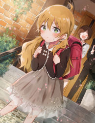 Rule 34 | 1boy, 2girls, backpack, bag, black jacket, blonde hair, blush, brown hair, brown skirt, commentary request, curly hair, day, family, father and daughter, frown, green eyes, hair between eyes, highres, hoshii miki, idolmaster, idolmaster (classic), jacket, leaning forward, long hair, long sleeves, looking at viewer, meno (imas ll), mother and daughter, multiple girls, outdoors, school bag, school uniform, see-through, short hair, skirt, solo focus, very long hair, aged down