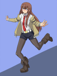 Rule 34 | 1girl, belt, blue background, brown hair, dai (touhou handdrawn), gazacy (dai), pantyhose under shorts, long hair, long sleeves, makise kurisu, necktie, off shoulder, outstretched arms, pantyhose, purple eyes, red necktie, shorts, solo, steins;gate