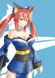 Rule 34 | 1girl, absurdres, animal ear fluff, animal ears, bare shoulders, blue background, breasts, choker, cleavage, cowboy shot, detached sleeves, er ci gudu, fate/grand order, fate (series), fox ears, hair between eyes, highres, medium breasts, obi, purple ribbon, ribbon, sash, sleeves past wrists, solo, tamamo (fate), tamamo no mae (fate/extra), thighs, twintails, wide sleeves, yellow eyes