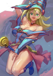 Rule 34 | 1girl, :d, alternate breast size, bare shoulders, blonde hair, blush stickers, breasts, cleavage, dark magician girl, duel monster, green eyes, hat, kazo (kazozakazo), large breasts, leotard, long hair, looking at viewer, open mouth, smile, solo, staff riding, thighs, wand, yu-gi-oh!