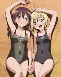Rule 34 | 2girls, armpits, beach, black one-piece swimsuit, blonde hair, blue eyes, blush, breasts, brown eyes, brown hair, collarbone, erica hartmann, gertrud barkhorn, groin, hair ornament, hair ribbon, holding hands, lying, medium breasts, multiple girls, non-web source, on back, one-piece swimsuit, open mouth, ribbon, short hair, smile, strike witches, swimsuit, twintails, world witches series, yuri
