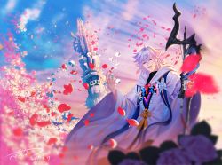 Rule 34 | 1boy, blue sky, blurry foreground, dated, fate/grand order, fate (series), flower, highres, holding, holding staff, long hair, looking at viewer, male focus, merlin (fate), open mouth, outdoors, petals, robe, sky, smile, solo, staff, standing, tianlingdoudou, tower, white hair, wide sleeves