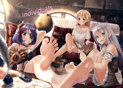 Rule 34 | 3girls, bare legs, bare shoulders, barefoot, black dress, blonde hair, blush, book, book stack, bookshelf, breasts, brown eyes, brown hair, casino (casinoep), chair, chaise longue, cleavage, closed mouth, collarbone, couch, crossed legs, desk, detached collar, detached sleeves, dorsiflexion, dress, eyelashes, eyepatch, fang, feet, fingernails, foot focus, foreshortening, frills, gem, globe, gradient hair, grin, group name, hair between eyes, hayasaka mirei, highres, holding, holding book, hoshi syoko, idolmaster, idolmaster cinderella girls, idolmaster cinderella girls starlight stage, individuals, indoors, inkwell, library, long fingernails, long hair, looking at viewer, mechanical arms, morikubo nono, multicolored hair, multiple girls, mushroom, nail polish, non-web source, open book, open mouth, paper, pink nails, prosthesis, purple hair, quill, quiver, red hair, revision, short dress, short hair, silver hair, single mechanical arm, sleeveless, sleeveless dress, small breasts, smile, soles, spread toes, strapless, strapless dress, teeth, toe scrunch, toenail polish, toenails, toes, two-tone hair, white dress, window