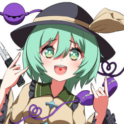 Rule 34 | 1girl, :d, ambasa, black hat, blouse, blush, bright pupils, buttons, commentary request, corded phone, diamond button, eyeball, frilled shirt collar, frilled sleeves, frills, furrowed brow, green eyes, green hair, hair between eyes, hat, hat ribbon, heart, heart in eye, heart in mouth, heart of string, holding, holding knife, holding phone, knife, koishi day, komeiji koishi, long sleeves, looking at viewer, medium hair, open mouth, phone, ribbon, shirt, simple background, smile, solo, symbol in eye, teeth, third eye, touhou, upper body, upper teeth only, wavy hair, white background, wide sleeves, yellow ribbon, yellow shirt