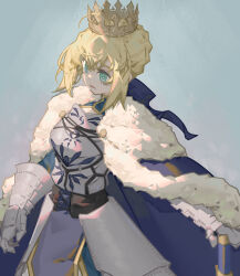 Rule 34 | 18660081532, 1girl, absurdres, armor, artoria pendragon (fate), blonde hair, blue background, blue cloak, breastplate, cloak, cowboy shot, crown, fate/grand order, fate (series), faulds, fur-trimmed cloak, fur trim, gauntlets, green eyes, highres, holding, holding sword, holding weapon, long hair, outstretched arm, parted lips, solo, standing, sword, weapon