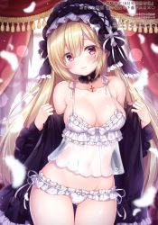 Rule 34 | 1girl, absurdres, bare shoulders, blonde hair, blurry, breasts, choker, cleavage, collarbone, cowboy shot, cross, curtains, feathers, frilled panties, frills, frown, groin, headdress, highres, jewelry, large breasts, lingerie, long hair, looking at viewer, mitsuba choco, navel, necklace, off shoulder, original, panties, red eyes, scan, see-through, solo, standing, tassel, thigh gap, underwear, very long hair, white panties
