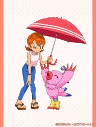 Rule 34 | 1girl, arms up, bangle, blue pants, bracelet, child, closed eyes, commentary request, crests (digimon), denim, digimon, digimon (creature), digimon adventure, hand on own knee, highres, holding, holding umbrella, jeans, jewelry, medium hair, official art, orange hair, pants, pink shirt, piyomon, red umbrella, sandals, shared umbrella, shirt, sleeveless, sleeveless shirt, smile, takenouchi sora, umbrella