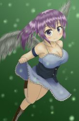 Rule 34 | 1girl, bare shoulders, black angel (elona), black wings, blue eyes, blush, boots, breasts, cleavage, dress, elona, firaness, hair ribbon, highres, large breasts, looking at viewer, pixiv, purple hair, ribbon, smile, twintails, wings