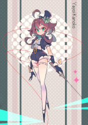 Rule 34 | 1girl, ahoge, aqua eyes, black jacket, black shorts, brown hair, character name, closed mouth, cropped jacket, full body, gloves, hat, holding, holding weapon, jacket, looking at viewer, magia record: mahou shoujo madoka magica gaiden, magical girl, mahou shoujo madoka magica, mini hat, mini top hat, ribbon, she li (lynxm), shirt, shoes, shorts, solo, sparkle, thighhighs, top hat, weapon, wrist cuffs, yayoi kanoko