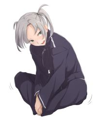 Rule 34 | 10s, 1girl, enoshito, green eyes, grey hair, gym uniform, hair tie, head tilt, indian style, jacket, kantai collection, kinugasa (kancolle), long sleeves, looking to the side, open mouth, own hands together, pants, short twintails, simple background, sitting, solo, track jacket, track pants, track suit, tsurime, twintails, white background, zipper