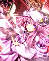 Rule 34 | 1girl, book, crescent, hat, kazetto, long hair, looking at viewer, magic circle, patchouli knowledge, pentagram, purple eyes, purple hair, smile, solo, touhou