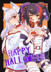 Rule 34 | 2girls, adapted costume, animal ears, badge, bandages, bare shoulders, bikini, black hair, black shorts, blush, breasts, button badge, choker, cleavage, crossed arms, earrings, fate/grand order, fate (series), fox ears, hair ornament, hair ribbon, halloween, headphones, headphones around neck, heart, heart hands, hibun tsukasa, highres, jacket, japanese clothes, jewelry, kama (fate), kimono, large breasts, long hair, long sleeves, looking at viewer, multicolored hair, multiple girls, off shoulder, one eye closed, open clothes, open jacket, orange bikini, orange hair, paint splatter, paint splatter on face, purple hair, red eyes, ribbon, sei shounagon (fate), sei shounagon (swimsuit berserker) (fate), short shorts, shorts, sidelocks, silver hair, smile, swimsuit, thigh strap, thighs, tongue, tongue out, twintails, white jacket, white kimono, wide sleeves, yellow eyes