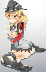 Rule 34 | 10s, 1girl, :&lt;, absurdres, anchor hair ornament, aqua eyes, ass, blonde hair, blush, breasts, ecou, feet, gloves, hair ornament, hat, highres, honeycomb (pattern), honeycomb background, honeycomb pattern, kantai collection, long hair, medium breasts, military, military uniform, nipples, panties, peaked cap, pleated skirt, prinz eugen (kancolle), sitting, skirt, soles, solo, toes, torn clothes, twintails, underwear, uniform, wariza, white panties