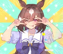 Rule 34 | 1girl, animal ears, blush, bow, breasts, brown hair, commentary, double v, ear ornament, emotional engine - full drive, fairouz ai, fate (series), gameplay mechanics, hair between eyes, highres, horse ears, horse girl, large breasts, long hair, looking at viewer, mmm (mmm623), multicolored hair, one eye closed, puffy short sleeves, puffy sleeves, purple bow, purple shirt, red eyes, school uniform, sei shounagon (fate), shirt, short sleeves, sirius symboli (umamusume), smile, solo, striped, striped background, summer uniform, symbol-only commentary, tongue, tongue out, tracen school uniform, translated, twitter username, umamusume, v, voice actor connection
