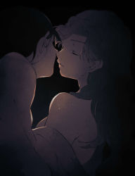Rule 34 | 1boy, 1girl, ayabe kihachirou, backlighting, black background, black hair, breasts, closed eyes, couple, dossei, face-to-face, facing another, facing to the side, genderswap, genderswap (mtf), grey hair, hetero, highres, imminent kiss, leaning forward, leaning on person, light particles, long hair, off shoulder, rakudai ninja rantarou, tachibana senzou, upper body