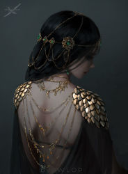 Rule 34 | 1girl, artist name, bare back, black hair, chain, chain, earrings, from behind, ghostblade, gold chain, harem outfit, highres, jewelry, long hair, necklace, profile, shoulder pads, solo, tiara, wlop