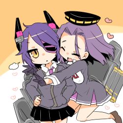 Rule 34 | 10s, 2girls, :&lt;, bad id, bad pixiv id, closed eyes, eyepatch, gloves, halo, hands on own hips, headgear, heart, hug, kantai collection, lowres, machinery, mechanical halo, multiple girls, open mouth, personification, purple hair, short hair, takamura, tatsuta (kancolle), tenryuu (kancolle), yellow eyes