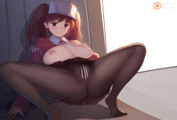 Rule 34 | 1girl, alternate breast size, anus, ass, black pantyhose, blush, breasts, brown eyes, brown hair, censored, clothes lift, crotch seam, feet, japanese clothes, kantai collection, kariginu, large breasts, magatama, magic xiang, nipples, pantyhose, pleated skirt, pussy, red shirt, ryuujou (kancolle), shirt, shirt lift, skirt, solo, spread legs, thighs, twintails, visor cap