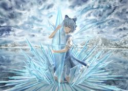Rule 34 | blue bow, blue eyes, blue hair, blush, bow, cirno, crystal, hair bow, highres, ice, k ryo, kneeling, looking at viewer, parted lips, short hair, solo, touhou
