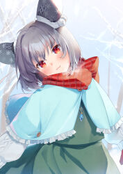 Rule 34 | 1girl, animal ears, ari don, blue capelet, blush, capelet, ear covers, grey hair, head tilt, highres, jewelry, looking at viewer, mittens, mouse ears, nazrin, plaid, plaid scarf, red eyes, red scarf, scarf, short hair, smile, solo, touhou