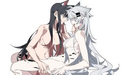 Rule 34 | 2girls, animal ears, arknights, black hair, blue eyes, breasts, closed mouth, colored inner hair, commentary, completely nude, expressionless, fang, finger in another&#039;s mouth, hair ornament, hairclip, hand on another&#039;s thigh, highres, lappland (arknights), long hair, material growth, medium breasts, molu stranger, multicolored hair, multiple girls, nude, open mouth, orange eyes, oripathy lesion (arknights), pale skin, red hair, saliva, scar, scar across eye, simple background, sitting, texas (arknights), tongue, tongue out, white background, white hair, wolf ears, yuri