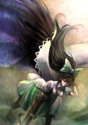 Rule 34 | 1girl, arm cannon, backlighting, black hair, black legwear, black wings, bow, breasts, cape, collar, feathered wings, flying, frilled collar, frilled shirt, frilled shirt collar, frills, green skirt, hair bow, hand in own hair, highres, iroai midodo, large wings, leaning forward, light particles, long hair, long skirt, looking afar, medium breasts, pink eyes, reiuji utsuho, revision, ribbon, serious, shirt, short sleeves, skirt, solo, spread wings, sunlight, third eye, touhou, very long hair, weapon, white shirt, wings