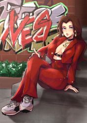 1girl, arm support, belt, belt buckle, belt collar, black belt, black footwear, blue eyes, breasts, brown hair, buckle, business suit, buttons, cleavage, coat, collar, collarbone, donkey kong (series), earrings, eyelashes, eyeshadow, forehead, formal, glint, gold earrings, gold necklace, graffiti, high-waist pants, high belt, highres, index finger raised, jewelry, large breasts, legs crossed, lips, long hair, long sleeves, looking at viewer, makeup, mario (series), mole, mole on breast, necklace, nintendo, no bra, open clothes, open coat, pant suit, pants, parted lips, pauline (mario), pearl necklace, pendant, pink lips, puma, purple eyeshadow, red coat, red pants, shadow, shoelaces, shoes, sitting, sitting on stairs, sneakers, solo, stairs, suit, super mario odyssey, thick lips, vialnite, white footwear