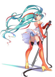 Rule 34 | 1girl, absurdres, aqua eyes, aqua hair, ass, backless dress, backless outfit, bad id, bad pixiv id, choker, dress, elbow gloves, floating hair, from behind, full body, gloves, goodsmile racing, hatsune miku, headphones, high heels, highres, long hair, microphone, microphone stand, panties, racing miku, short dress, simple background, solo, strapless, strapless dress, striped clothes, striped panties, thighhighs, twintails, underwear, upskirt, very long hair, vocaloid, white background, xiaoyu