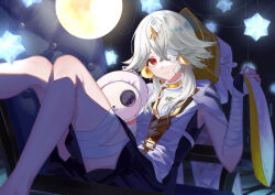 Rule 34 | 1girl, absurdres, animal hood, barcode, black shorts, crossed bangs, eyepatch, feet out of frame, full moon, grey hair, hair between eyes, highres, hood, hood up, looking at viewer, moon, one eye covered, red eyes, ruby (tower of fantasy), shirt, shorts, solo, star (symbol), stuffed toy, tower of fantasy, white shirt, yuki (user crvc2442)