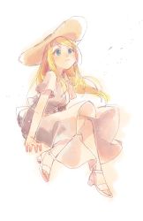 Rule 34 | 1girl, arm support, arms at sides, bare legs, blonde hair, blue eyes, blush, breasts, closed mouth, collared dress, dot nose, dress, expressionless, eyelashes, fingernails, floating hair, frilled dress, frilled sleeves, frills, full body, fullmetal alchemist, hat, highres, knees together feet apart, leaning, leaning forward, light particles, light smile, long dress, long hair, looking up, medium breasts, sandals, shyh yue, sidelocks, simple background, sitting, solo, straight hair, sun hat, sundress, toenails, white background, white dress, white footwear, white hat, wide sleeves, winry rockbell