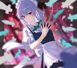 Rule 34 | 1girl, 38 (sanjuuhachi), apron, black dress, blurry, blurry background, bow, bowtie, braid, closed mouth, commentary, cowboy shot, dress, dutch angle, expressionless, green bow, green bowtie, hair bow, highres, holding, holding knife, holding weapon, izayoi sakuya, knife, looking at viewer, maid, maid apron, maid headdress, medium hair, pinafore dress, pink eyes, puffy short sleeves, puffy sleeves, shirt, short sleeves, side braid, silver hair, sleeveless dress, solo, touhou, twin braids, weapon, white apron, white shirt