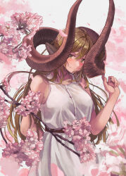 Rule 34 | 159cm, 1girl, :d, animal ears, arm behind back, bare arms, bare shoulders, blonde hair, blush, branch, breasts, brown horns, cherry blossoms, closed mouth, coat, cowboy shot, curled horns, dress, falling petals, fingernails, flower, glan (159cm), hand up, horns, long hair, looking at viewer, open mouth, original, petals, pink flower, sleeveless, sleeveless dress, smile, solo, spring (season), white background, white dress, wind, yellow eyes
