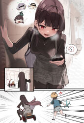 Rule 34 | !?, 2boys, 2girls, 7gao, black pantyhose, black sweater, breasts, brown hair, carrying bag, censored, child, clock, comic, commentary request, earrings, grey bag, grey skirt, heavy breathing, helmet, highres, identity censor, jewelry, leaning forward, long hair, looking at phone, medium breasts, multiple boys, multiple girls, necklace, open mouth, original, outdoors, pantyhose, phone, red eyes, shorts, skirt, standing, straight hair, suspender skirt, suspenders, sweater, theft, toy airplane, tricycle, very long hair