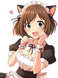 Rule 34 | 1girl, animal ears, breasts, brown hair, cat ears, cleavage, commentary request, fang, green eyes, hair ribbon, highres, idolmaster, idolmaster cinderella girls, looking at viewer, maekawa miku, maid, medium breasts, open mouth, popon ta, puffy short sleeves, puffy sleeves, ribbon, short hair, short sleeves, solo, upper body, white background, wrist cuffs