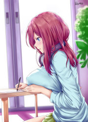 Rule 34 | 1girl, backlighting, blue cardigan, blue eyes, blurry, breast rest, breasts, breasts on table, brown hair, cardigan, chabudai (table), colored eyelashes, day, depth of field, from side, go-toubun no hanayome, green skirt, hair between eyes, half-closed eyes, headphones, headphones around neck, highres, indoors, large breasts, long hair, miniskirt, nakano miku, paper, pencil, pleated skirt, pout, scowl, sitting, skirt, studying, table, thighs, toyoman, v-shaped eyebrows, window, writing