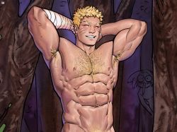 Rule 34 | 1boy, abs, alternate pectoral size, armpit hair, armpits, bandaged arm, bandages, bara, blake alexander, blonde hair, blush, boruto: naruto next generations, chest hair, completely nude, facial mark, groin, highres, large pectorals, male focus, male pubic hair, mature male, muscular, muscular male, naruto (series), navel, nipples, nude, out-of-frame censoring, paid reward available, pectorals, pubic hair, paid reward available, short hair, solo, stomach, upper body, uzumaki naruto, whisker markings