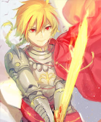 Rule 34 | 1boy, armor, blonde hair, braid, cape, excalibur (fate/stay night), fate/strange fake, fate (series), fighting stance, fuurin, glowing, glowing sword, glowing weapon, highres, male focus, multicolored hair, red cape, red eyes, richard i (fate), single braid, smile, solo, streaked hair, weapon