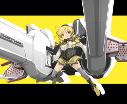 Rule 34 | 10s, 1girl, beret, blonde hair, breasts, crossover, detached sleeves, drill hair, dual wielding, gundam, hat, holding, letterboxed, ma meteor, magical girl, mahou shoujo madoka magica, mecha musume, name john, skirt, solo, spread legs, tiro finale, tomoe mami, tomoe mami (magical girl), trauma breaker, twin drills, yellow background, yellow eyes