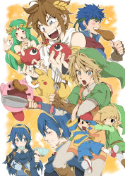 Rule 34 | 2girls, 6+boys, apron, black eyes, black hair, blonde hair, blue eyes, blue hair, brown hair, cape, creatures (company), cup, egg, fang, fire emblem, fire emblem: mystery of the emblem, fire emblem: radiant dawn, fire emblem awakening, food, frying pan, game freak, gen 1 pokemon, gloves, green hair, hat, headband, heart, highres, ike (fire emblem), jewelry, kid icarus, kirby, kirby (series), link, long hair, lots of jewelry, lucina (fire emblem), marth (fire emblem), matsunaga mami, meat, mother (game), mother 2, multiple boys, multiple girls, ness (mother 2), nintendo, one eye closed, palutena, pikachu, pointy ears, pokemon, pokemon (creature), smile, spatula, super smash bros., teacup, the legend of zelda, the legend of zelda: the wind waker, the legend of zelda: twilight princess, tiara, tomato, toon link