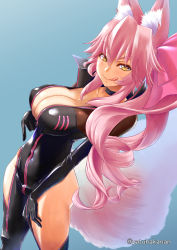 Rule 34 | 1girl, animal ear fluff, animal ears, black bodysuit, blush, bodysuit, bow, breasts, center opening, choker, cleavage, fate/grand order, fate (series), fox ears, fox girl, fox tail, hair between eyes, hair bow, highres, hip vent, koyanskaya (assassin) (first ascension) (fate), koyanskaya (fate), large breasts, licking lips, long hair, looking at viewer, pink bow, pink hair, ponytail, sidelocks, smile, tail, tamamo (fate), thighs, tongue, tongue out, yatsuha kanan, yellow eyes