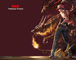 Rule 34 | 1990s (style), 1boy, ass, baseball cap, belt, belt pouch, black hair, black shirt, blue pants, breath weapon, breathing fire, character name, charizard, claws, closed mouth, creatures (company), denim, electricity, fiery tail, fire, flame-tipped tail, from behind, full body, game freak, gen 1 pokemon, grey footwear, hat, jeans, male focus, nintendo, open clothes, open vest, pants, pikachu, poke ball, pokemon, pokemon (creature), pokemon rgby, pouch, r-sraven, red (pokemon), red background, red hat, red vest, retro artstyle, scales, serious, sharp teeth, shirt, shoes, simple background, sneakers, standing, t-shirt, tail, teeth, vest, wings