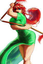 Rule 34 | 1girl, adapted costume, blue eyes, braid, breasts, china dress, chinese clothes, dragon, dragon print, dress, female focus, hong meiling, koyubi (littlefinger1988), large breasts, legs, long hair, no headwear, no headwear, no shirt, open mouth, patterned clothing, red hair, scar, smile, solo, three section staff, touhou, twin braids, weapon
