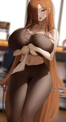 Rule 34 | 1girl, :3, absurdres, blue eyes, blurry, blurry background, breasts, brown hair, cleavage, clothes lift, fang, glass, highres, huge breasts, long hair, looking at viewer, midriff, navel, nicorima, original, pants, round eyewear, shirt lift, sleeveless, smile, solo, sportswear, tank top, underboob, very long hair, yoga pants