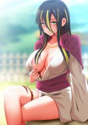 Rule 34 | 1girl, albis (tensei shitara slime datta ken), areola slip, black hair, blurry, blurry background, blush, breasts, brown nails, commentary, crossed arms, day, english commentary, ginhaha, green eyes, hair between eyes, highres, japanese clothes, kimono, large breasts, long bangs, long hair, long sleeves, looking at viewer, multicolored hair, nail polish, nipple slip, nipples, no bra, outdoors, paid reward available, parted lips, sash, sitting, solo, streaked hair, tensei shitara slime datta ken, thigh strap, two-tone hair, white kimono