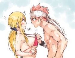 Rule 34 | 1boy, 1girl, bikini, bikini pull, bikini top only, black scrunchie, blonde hair, blush, breasts, brown eyes, clothes pull, embarrassed, eye contact, fairy tail, from side, hair ornament, hair scrunchie, headband, large breasts, long hair, looking at another, lucy heartfilia, natsu dragneel, open mouth, pink hair, red bikini, rusky, scrunchie, sideboob, sketch, spiked hair, sweatdrop, swimsuit, tattoo, topless male, twintails, underboob, upper body