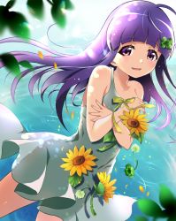 Rule 34 | 1girl, :d, absurdres, bare arms, bare shoulders, blunt bangs, blurry, collarbone, commentary request, covering privates, covering chest, day, depth of field, dress, falling petals, floating hair, flower, furude rika, green dress, green ribbon, hair ornament, hands up, happy, highres, higurashi no naku koro ni, leaf, long hair, looking at viewer, mashimaro tabetai, nail polish, open mouth, outdoors, petals, pink nails, purple eyes, purple hair, ribbon, ripples, sleeveless, sleeveless dress, smile, solo, spaghetti strap, strap slip, sunflower, water, yellow flower