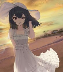 Rule 34 | 1girl, :d, absurdres, black hair, bow, brown eyes, cloud, collarbone, dress, flat chest, hand in own hair, hat, hat bow, highres, idolmaster, idolmaster shiny colors, looking at viewer, morino rinze, open mouth, outdoors, short hair, short sleeves, sky, smile, solo, standing, sun, sundress, sunset, td (tandeom97), tree, white bow, white dress, white hat, yellow sky